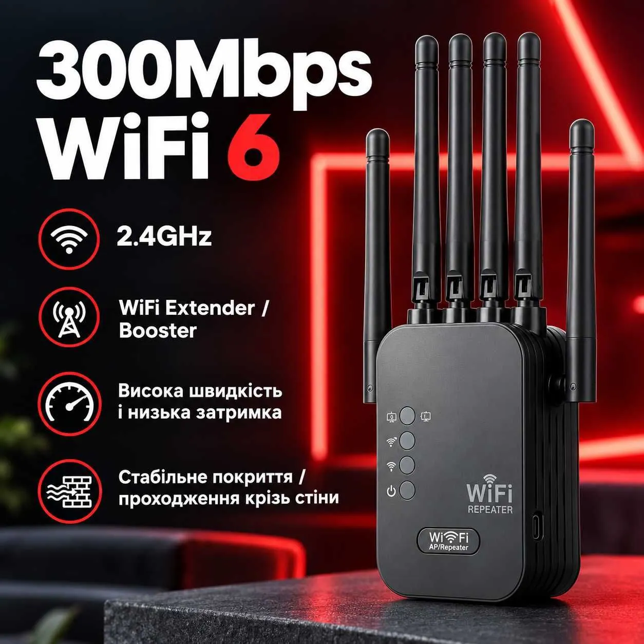 Wi‑Fi повторювач 300 Мбіт/с, 2,4 ГГц, 6 антен, режими Repeater і AP
